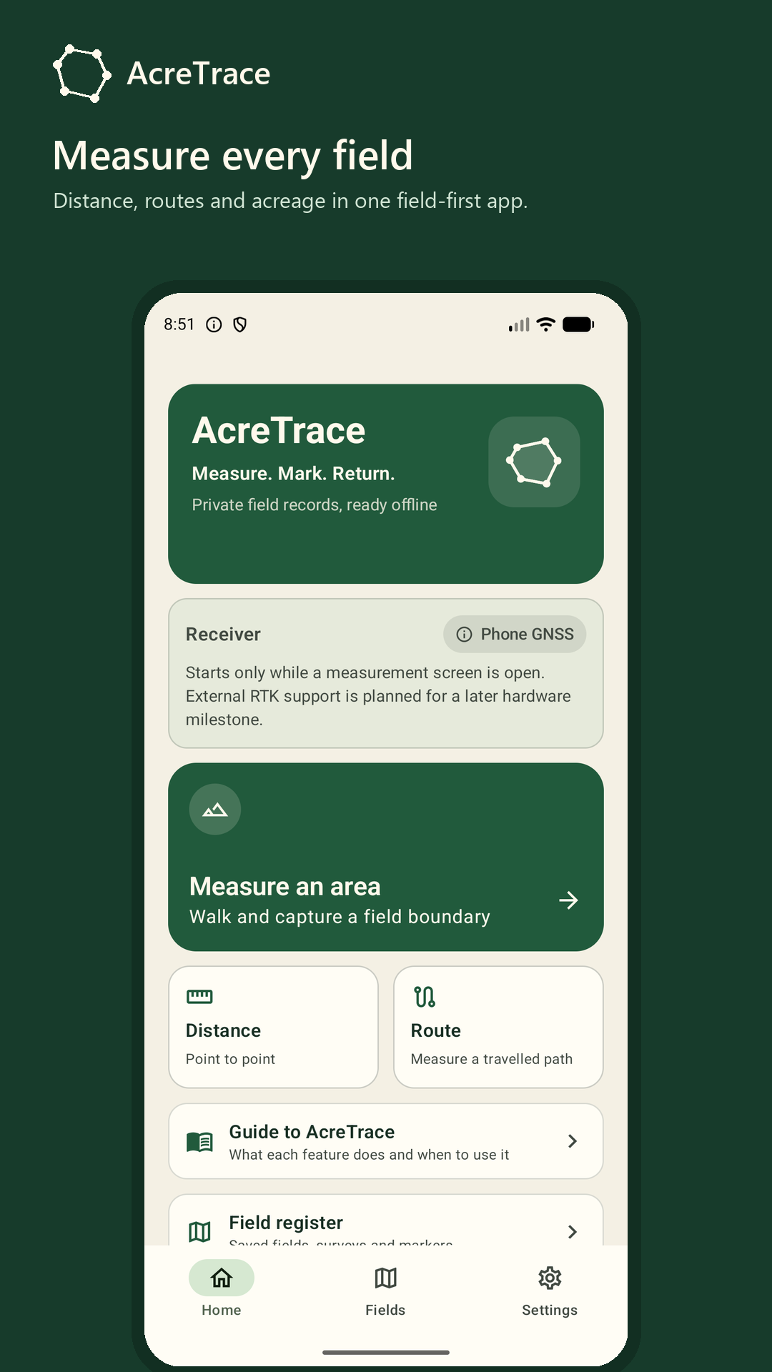 AcreTrace running on an Android phone