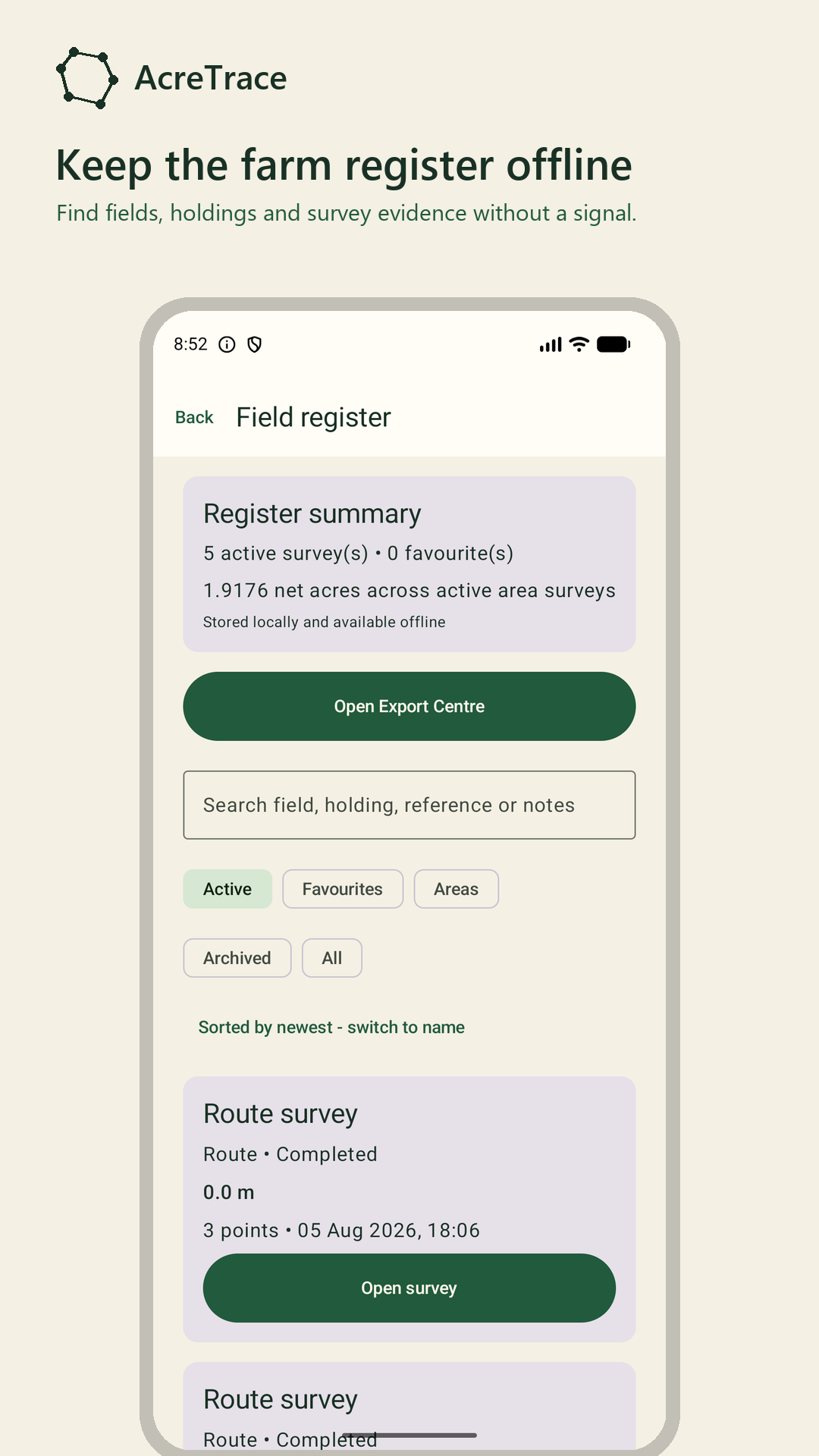 AcreTrace field register showing saved fields and acreage
