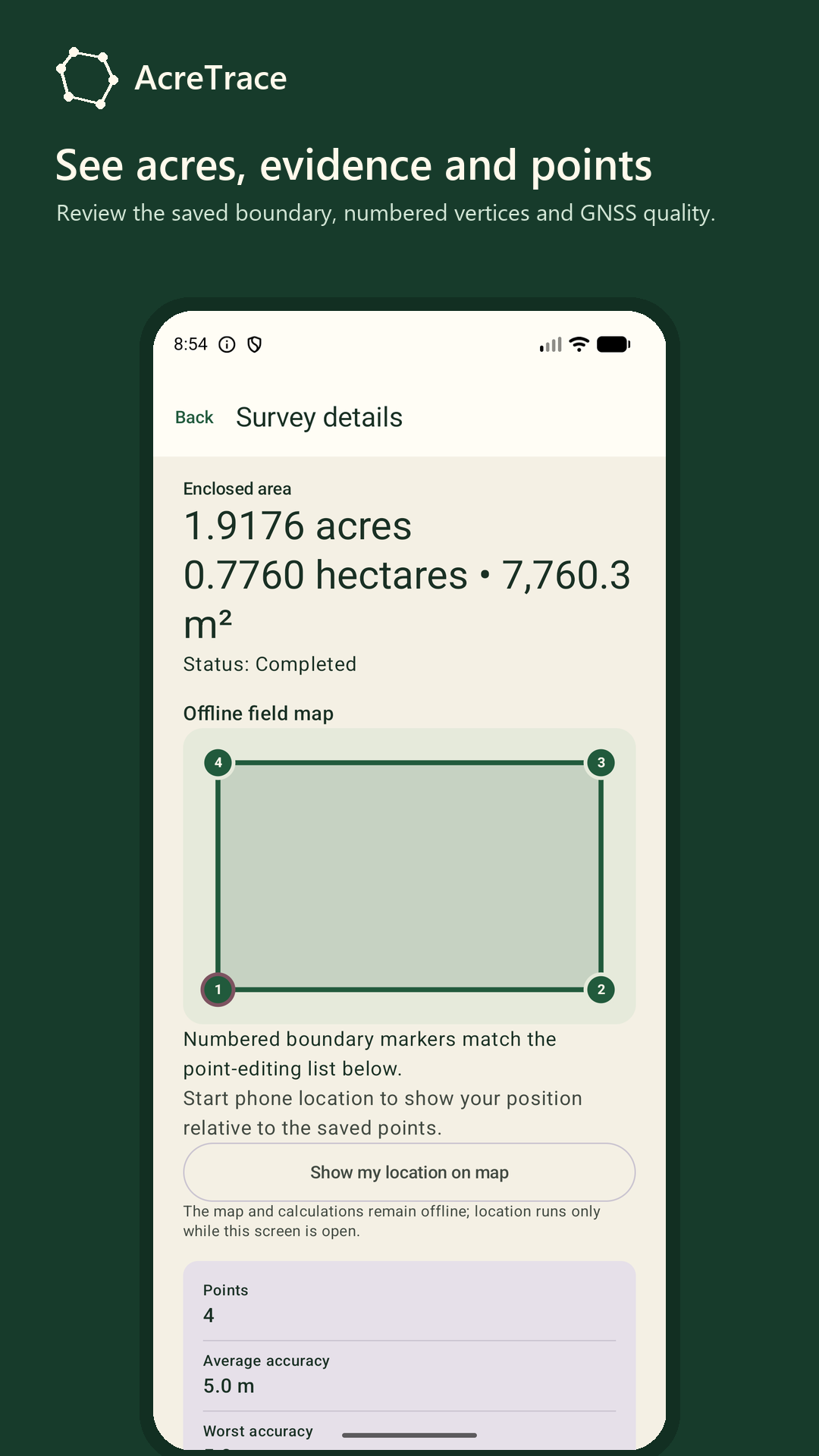 AcreTrace survey details showing acres, map evidence and numbered points