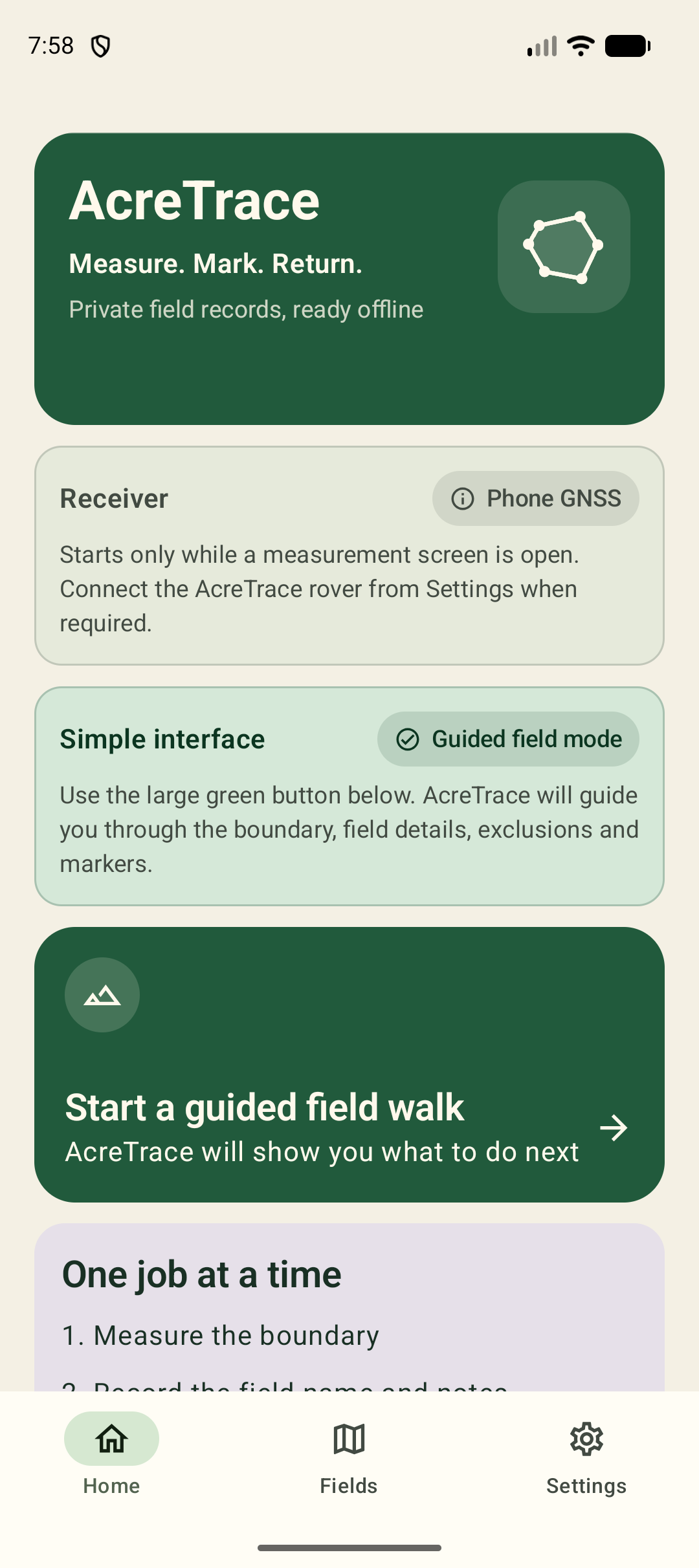 AcreTrace Guided field mode home screen with one large start button