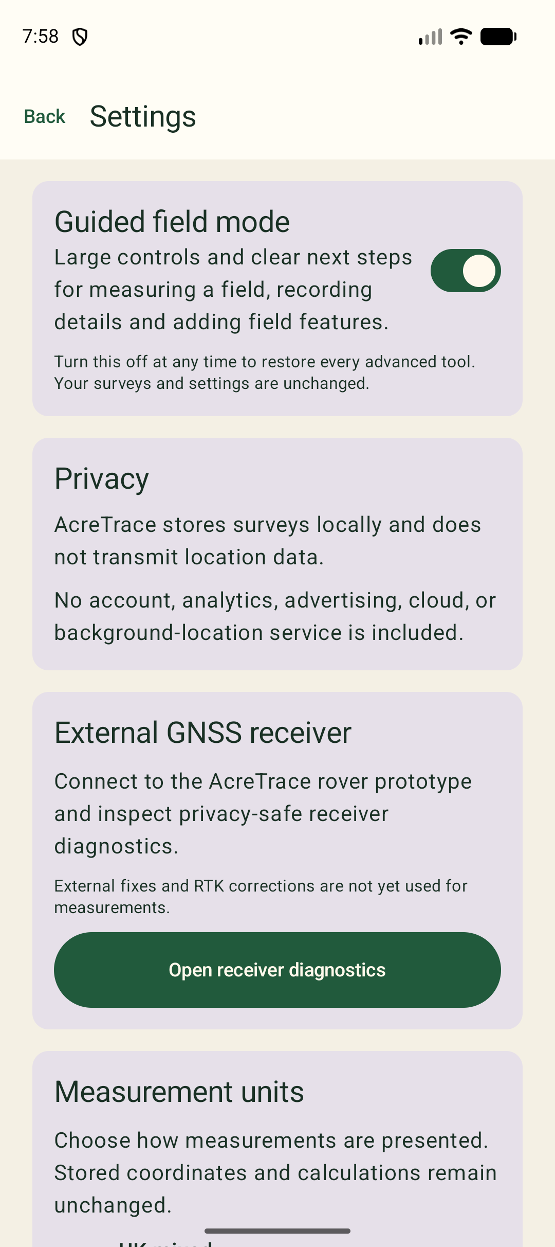 AcreTrace settings with Guided field mode enabled